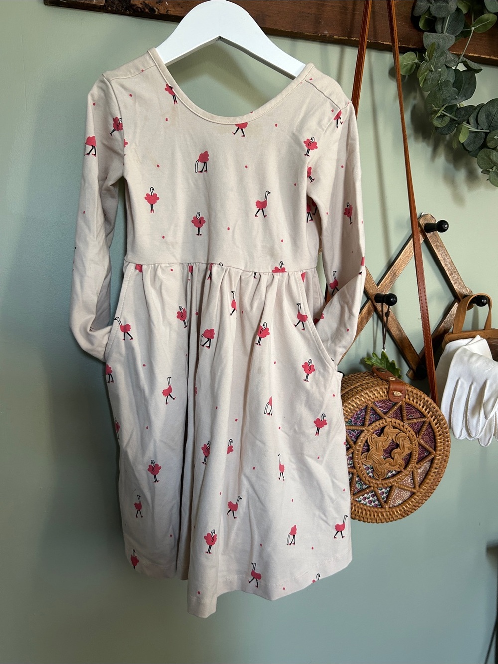 Hanna Andersson Cream Long-Sleeve Dress with Pink Flamingo Print